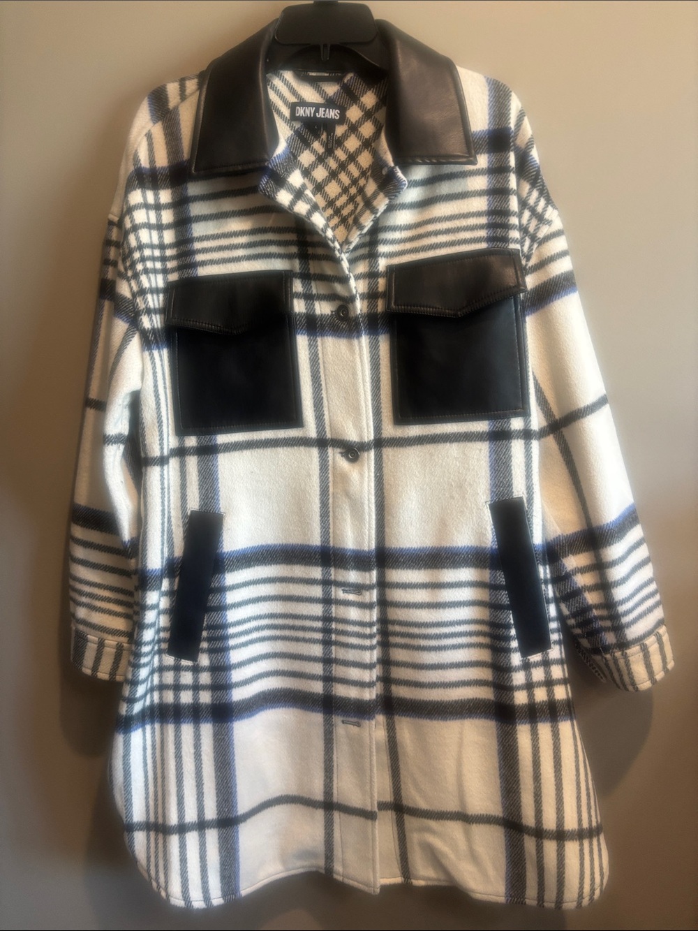 Dkny Cream and Navy Plaid Trench Coat with Black Trim